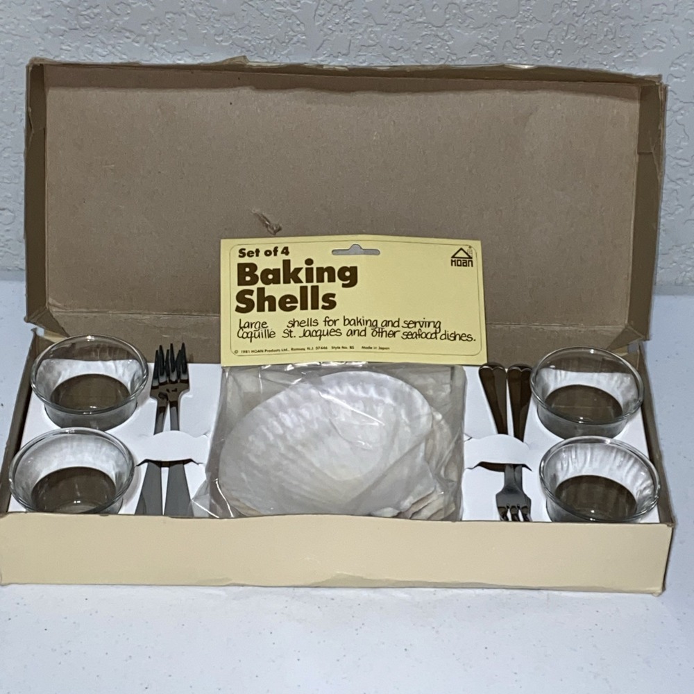 VTG Hoan Seafood For 4 Baking Shells Clam Shrimp Cocktail Cups Forks 12 Pc Set